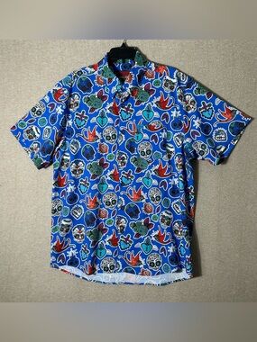 Dixxon Los Muertos Shirt Mens Size Large Short Sleeve Button Up All Over Print